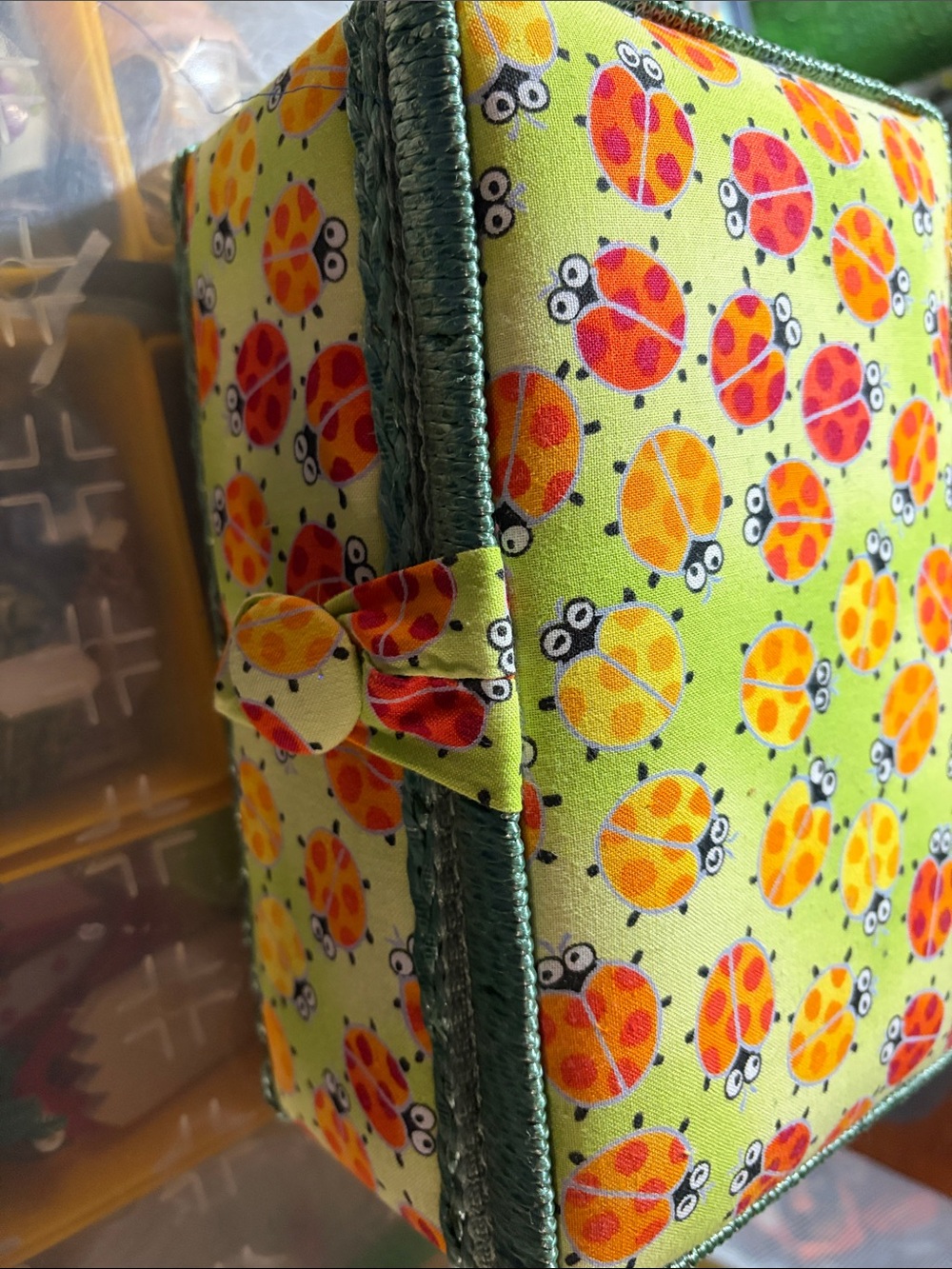 NWT Bright Ladybug-Print Fabric Sewing Box - Green
